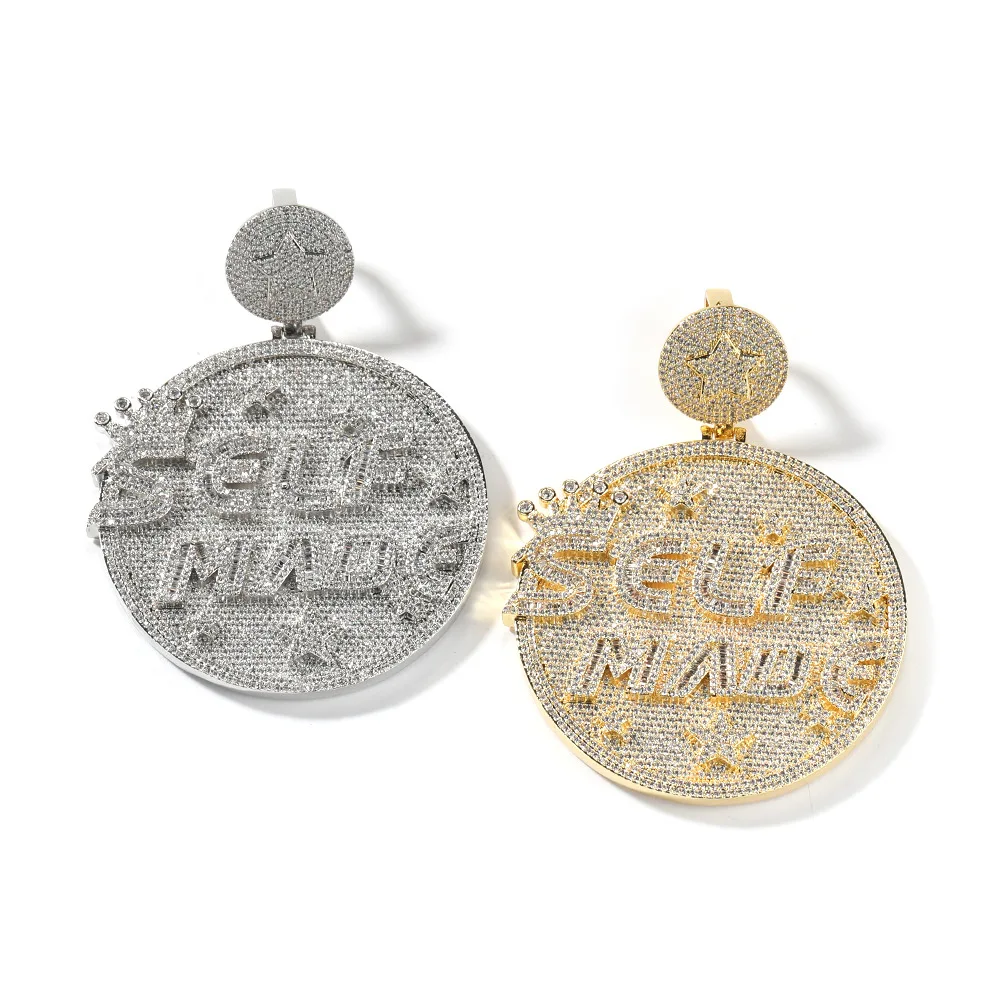 Fashion Letter SELFMADE Hip Hop Jewelry Iced Out Hip Hop Pendant Charms For Men Personality Exaggerated Large Round Necklace