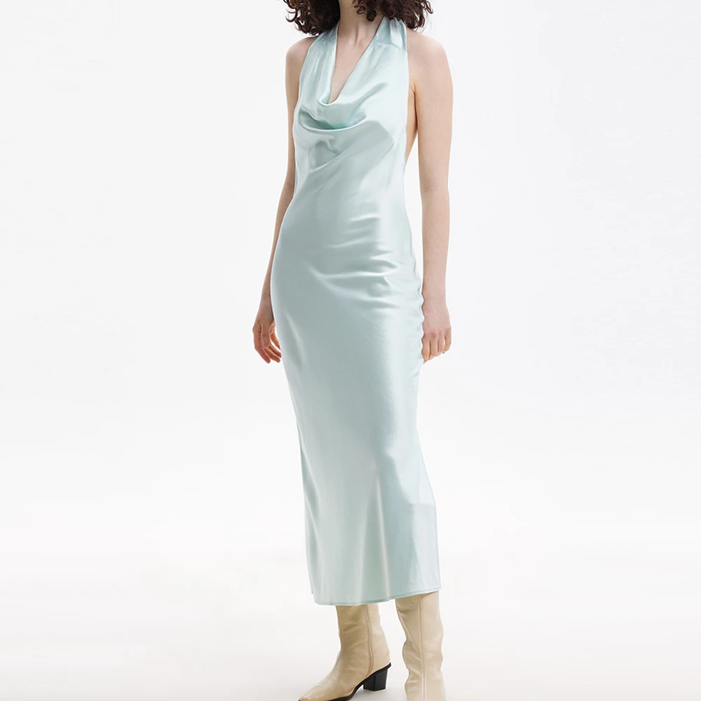 High Quality Stylish Pure Color V-neck Silk Dress Halter Side Slit Backless Satin Evening Dress For Women