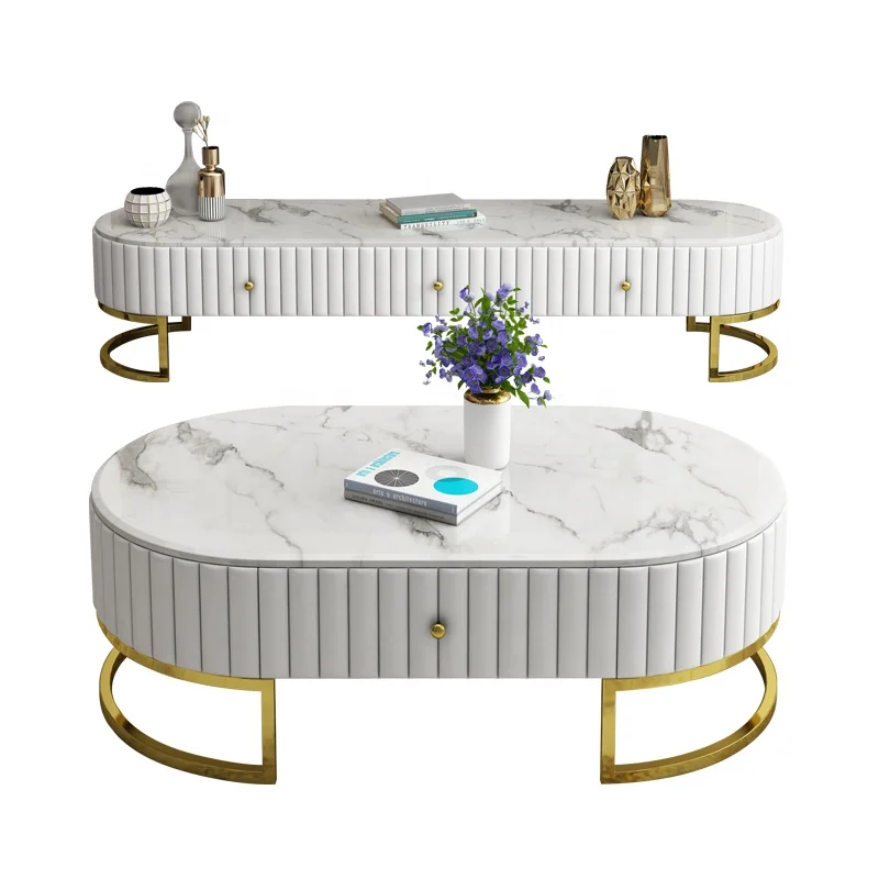 modern coffee table luxury marble top  table stainless steel frame cabinets oval shape living room furniture tv stand