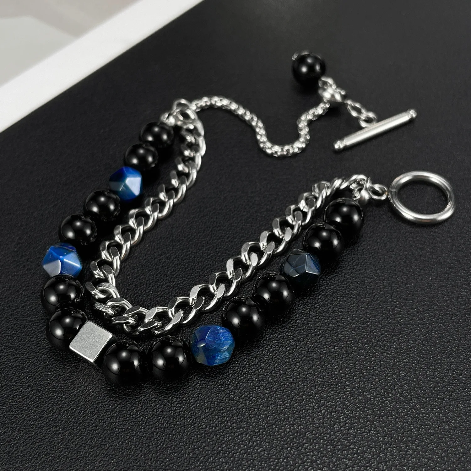 Tendency Luxury Stainless Steel Natural Blue Tiger Eye Stone Bracelets Healing Crystal Bracelet For Men