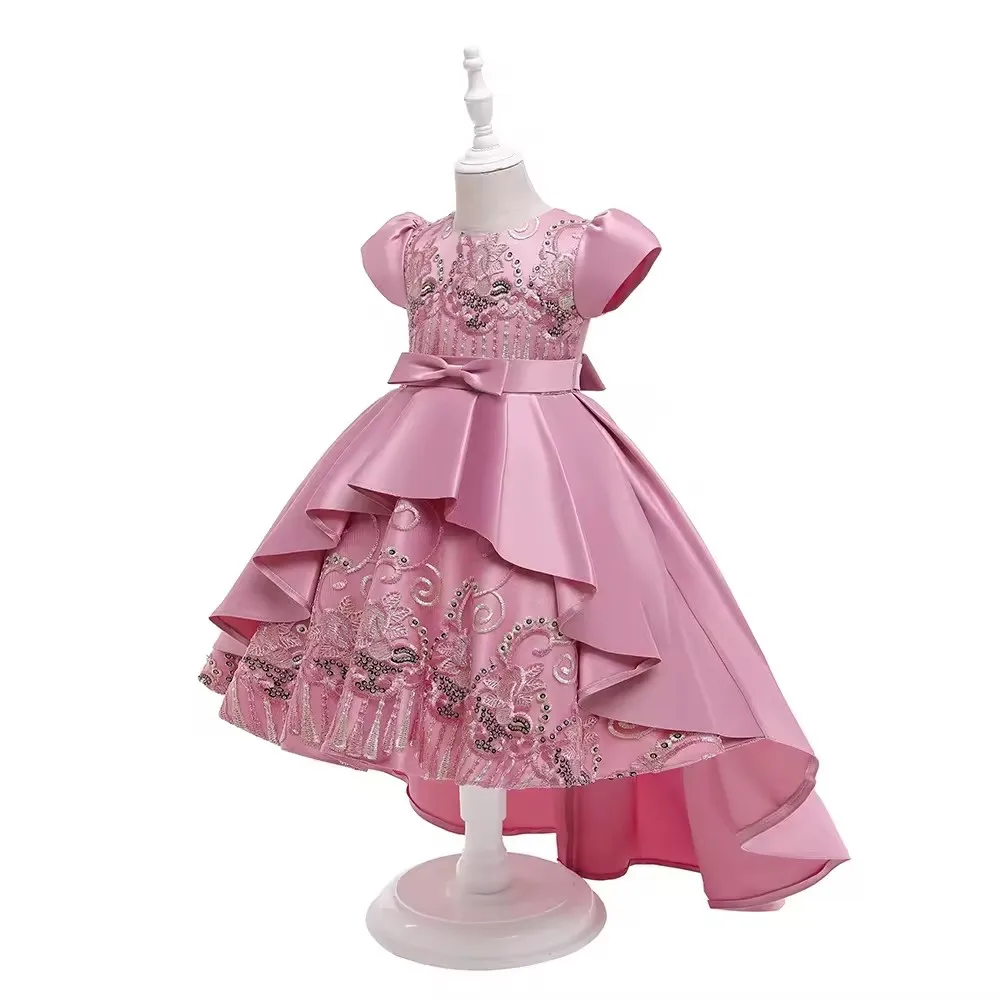 Elegant Girls Satin dress Bow Wedding Birthday Frocks vestidos Children kids Christmas Party Ball Gowns 2 4 6 8 10 12 Yrs