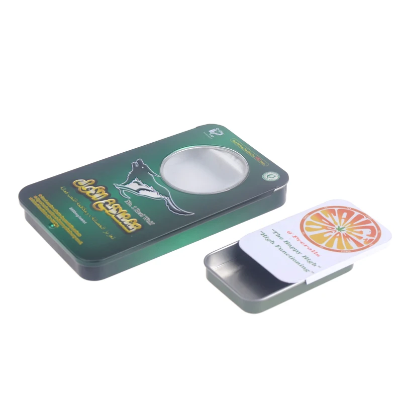 Заводская цена, маленькая сигарета/таблеточная жестяная банка с окном, индивидуальная печать, упаковка презервативов, жестяная банка с раздвижной крышкой