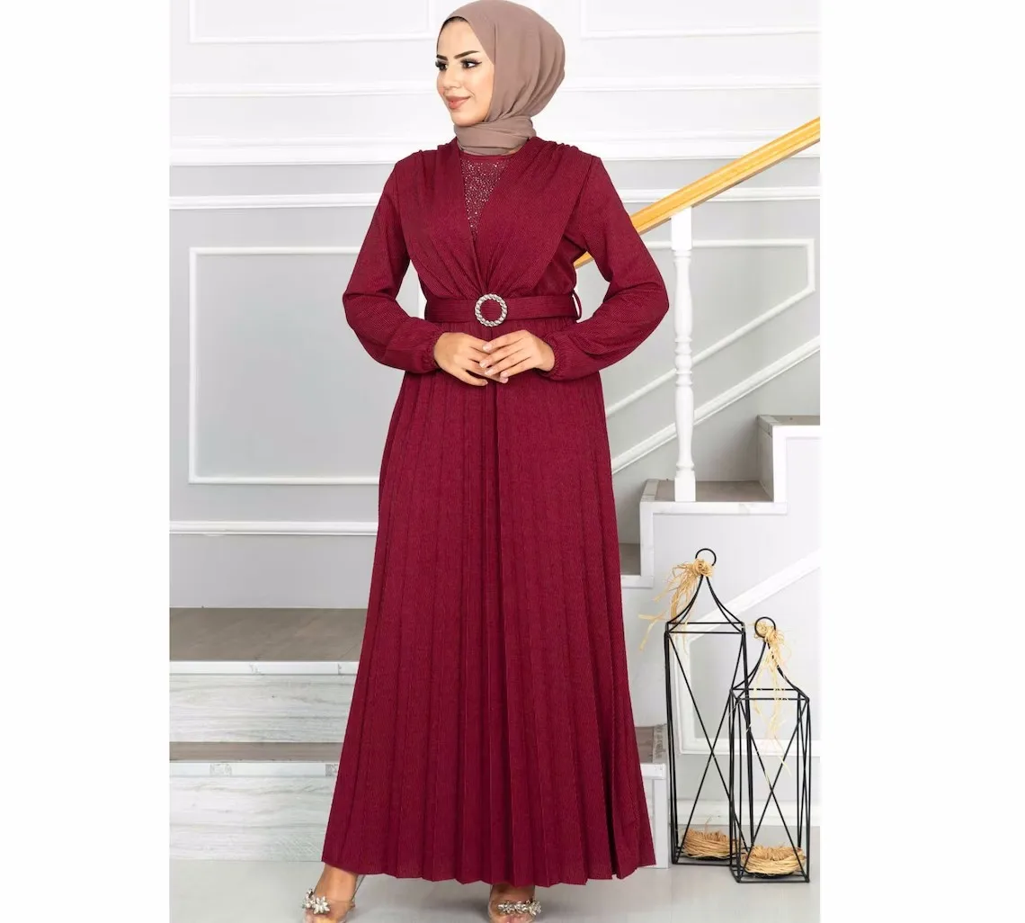 Hot sale high quality fashion womens long sleeves bel pleated islamic clothing muslim dresses