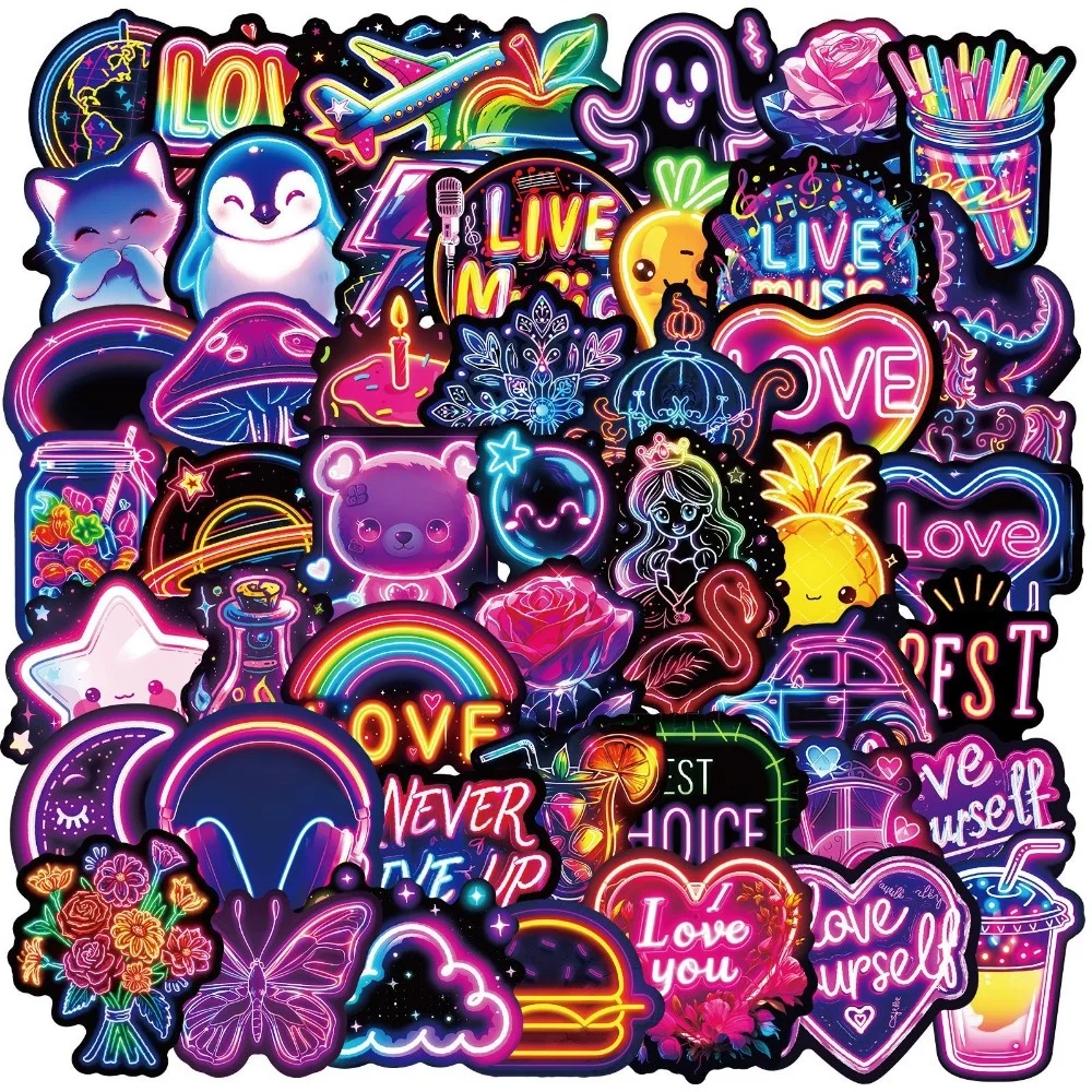 50pcs/Bag, Neon Hand-painted Waterproof Stickers with Cool Dark Purple Personality Decorative Stickers, T01042238
