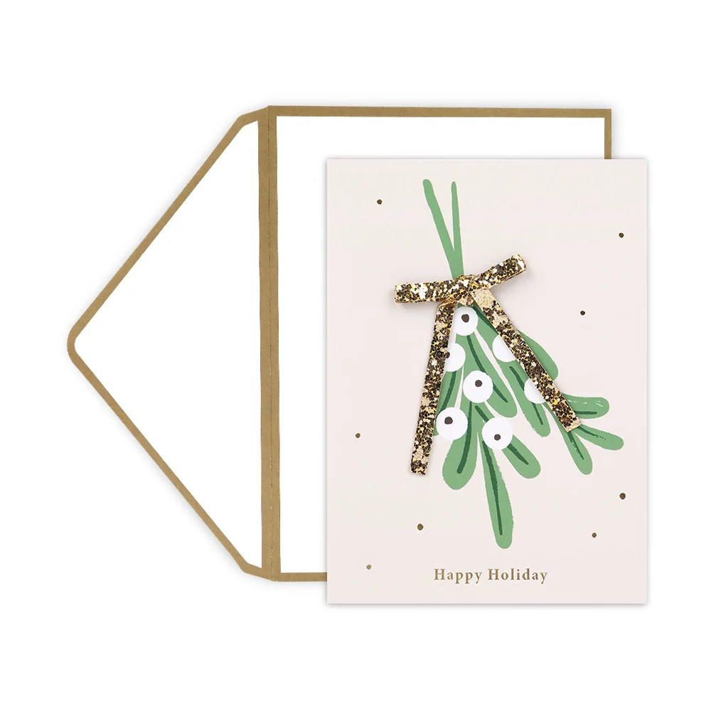 Luxury and Lovely Gold Leather Bow Champa Parasitism  Hand Made Festive Christmas Greeting Card with Envelopes