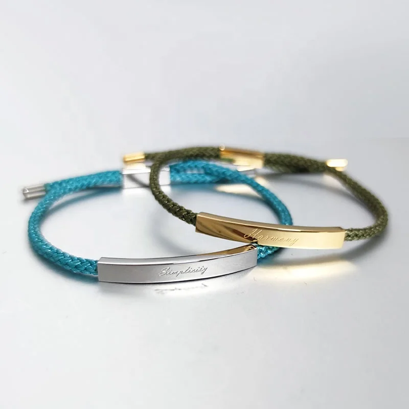 Customized Mens Jewelry Laser Engraving Stainless Steel Adjustable Braided Rope Bracelet Engraveable Bracelet For Women
