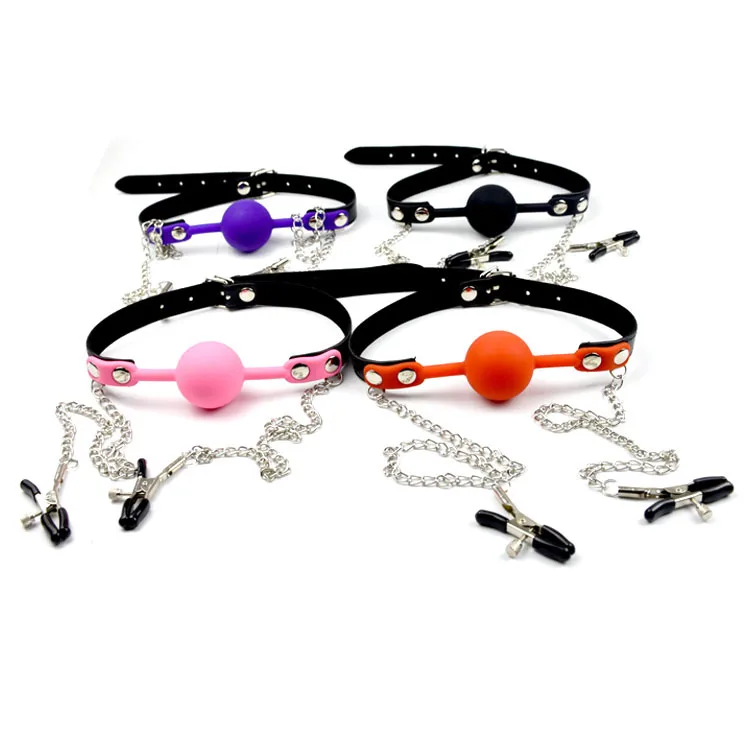 Silicone Leather Mouth Gag With Nipples Clamp Set BDSM Erotic Restraint Sex Toy Adult Sexs Product