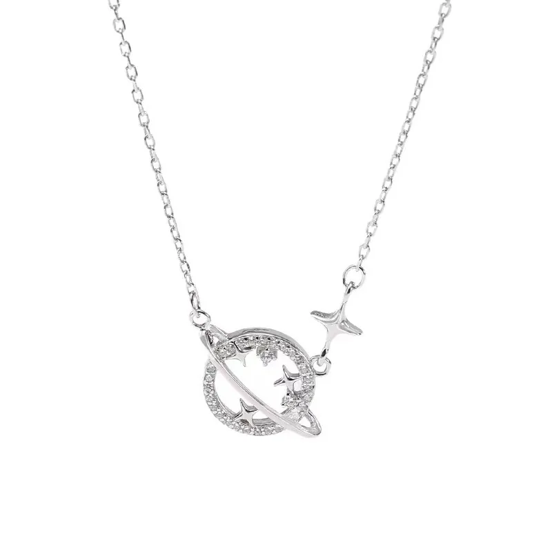 OAHLAN S925 Sterling Silver Planet Pendant Necklace for Women with White Zircon Platinum Plating Fine Jewelry