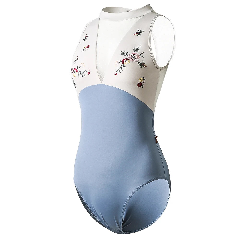 High Neck Collar Floral Embroidery Tank Leotards For Girls Sleeveless Bodysuit For Ballet Training Dancewear