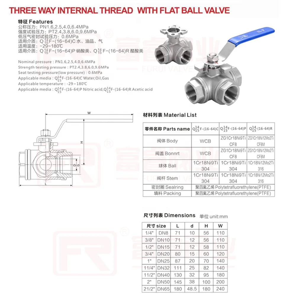 FURUI tru SUS304 DN8 three-way female threaded ball valve Soft seal L type T type 1000WOG Regulating Type flood and drain PN1.6