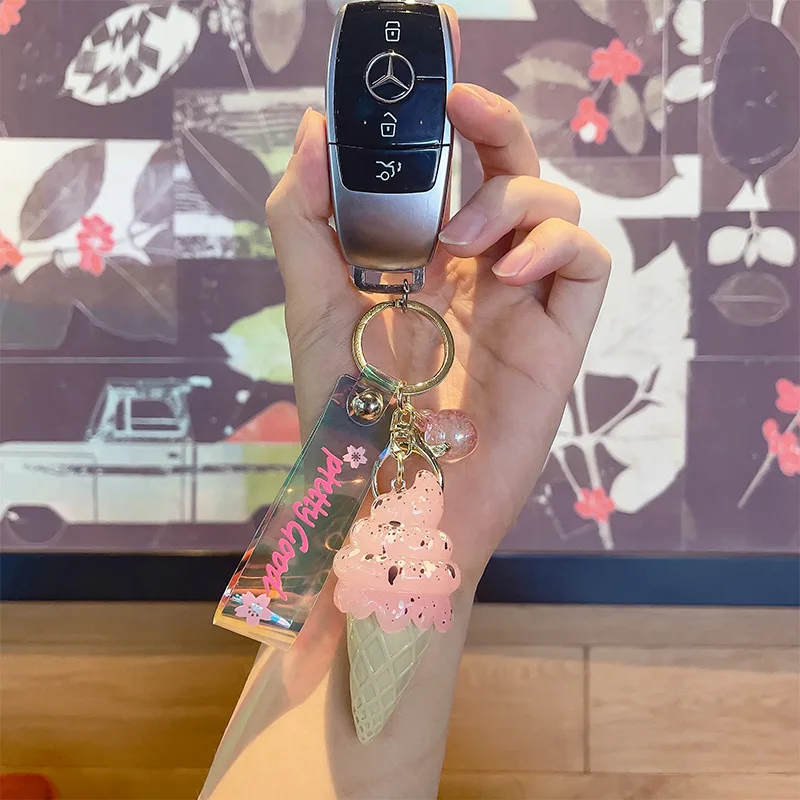 Creative LED 3D Cute Girls Keychain Car Key Ring Accessories Custom Ice Cream kawaii Wristlet Acrylic Cute Keychains