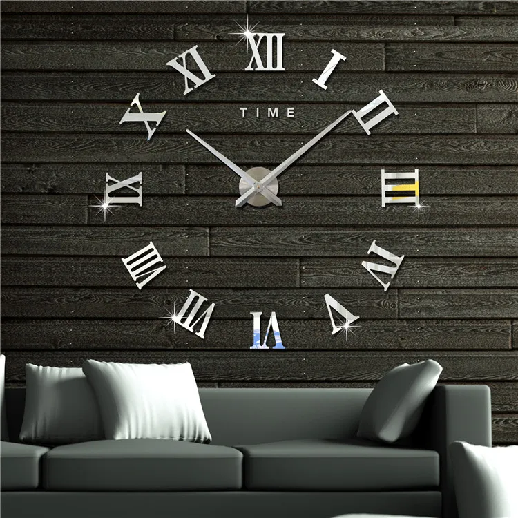 Mirror Surface 3D Large Diy Wall Clock Modern Design Roman Numeral Acrylic Home Decor Mirror Wall Clock