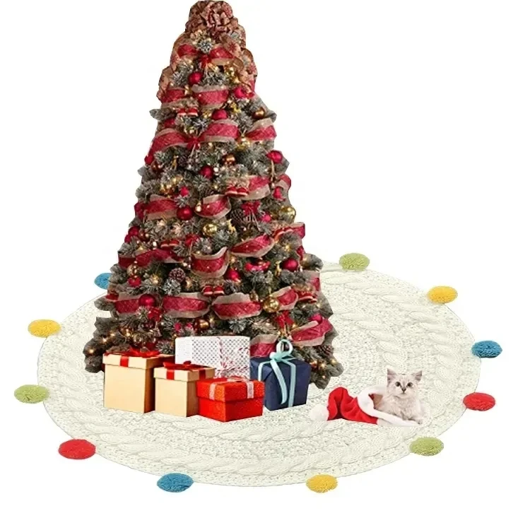 White warm christmas decorations tree skirt knit mat for tree for christmas with ball of yarn