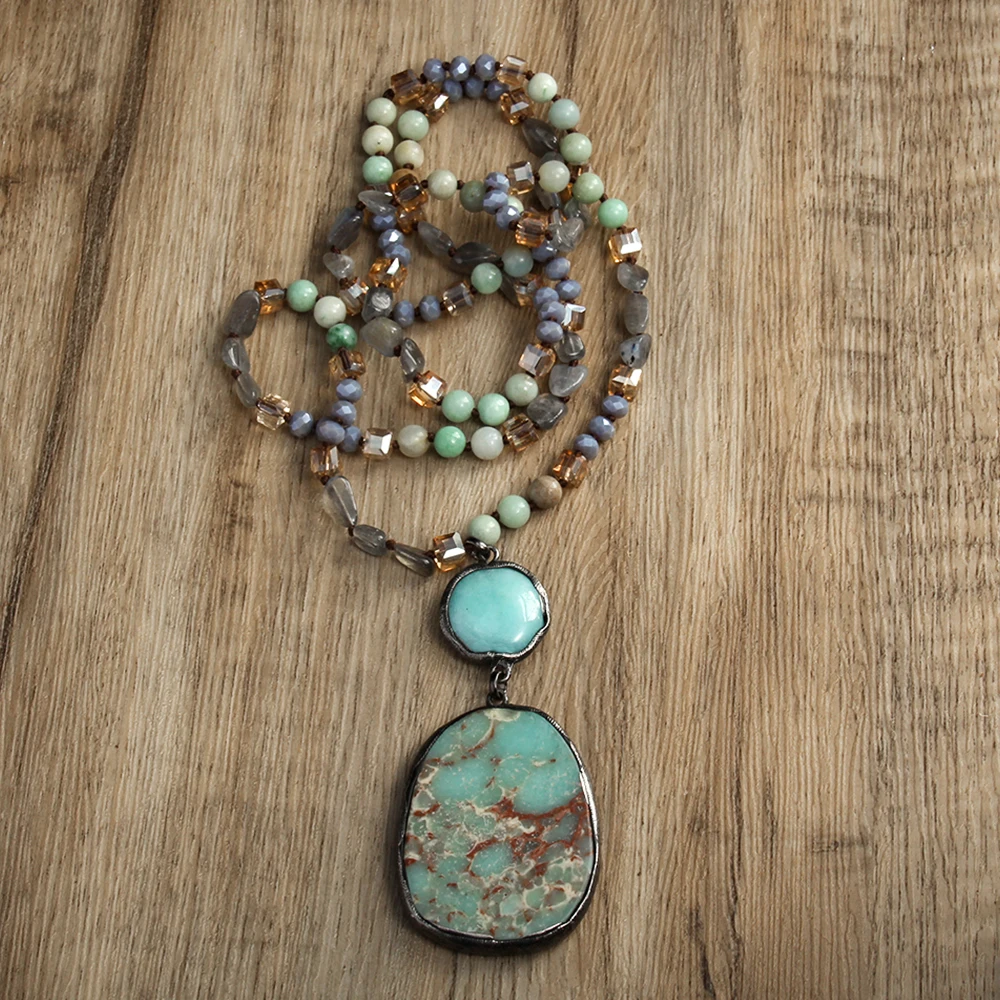 Fashion Bohemian Handmade Women Jewelry 6mm Natural Stone Crystal Glass Beads Knotted Necklace Irregular Stone Pendant Necklaces