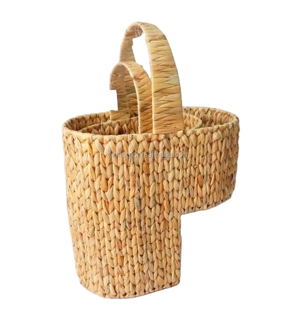XH set of 2 Handmade woven Natural color water hyacinth wicker rattan Stair Step Storage Basket set with Handle