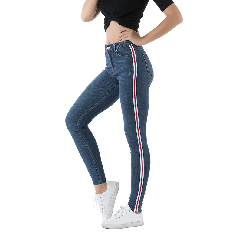 
2021 China Factory OEM Tall Waist Skinny Low Price No Name Brand Side Red Edge Denim Jeans Women 