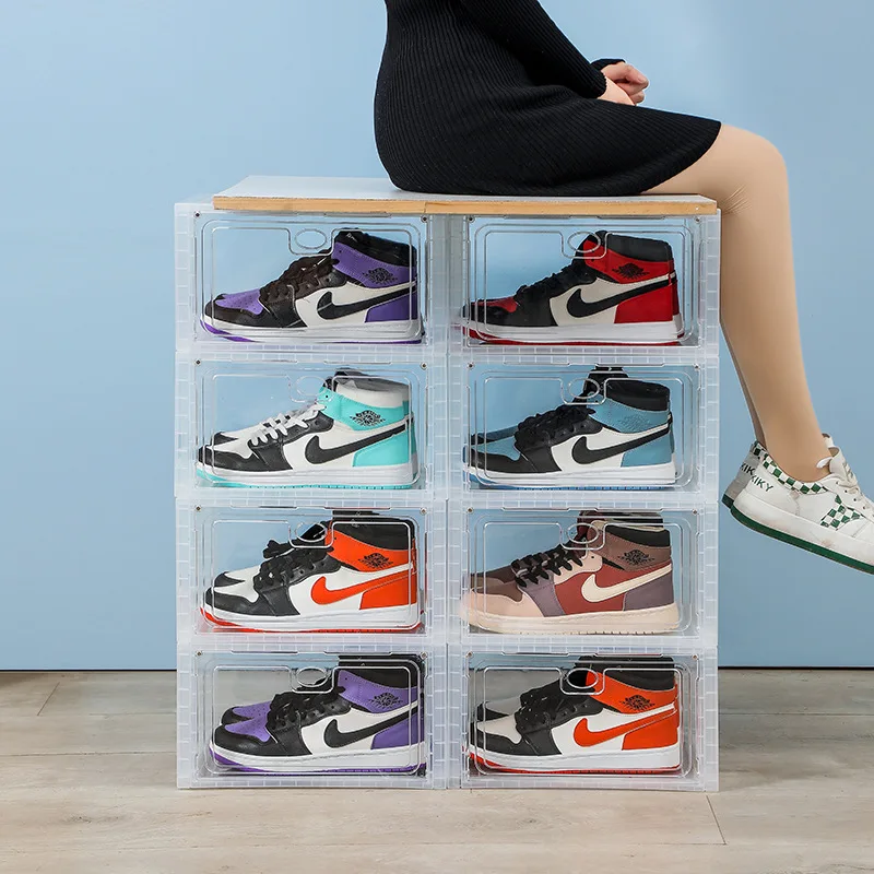 Stackable Foldable Front/Side Open Shoe Storage Box with Clear Magnetic Door Large Plastic Sneaker Organizer Display Case