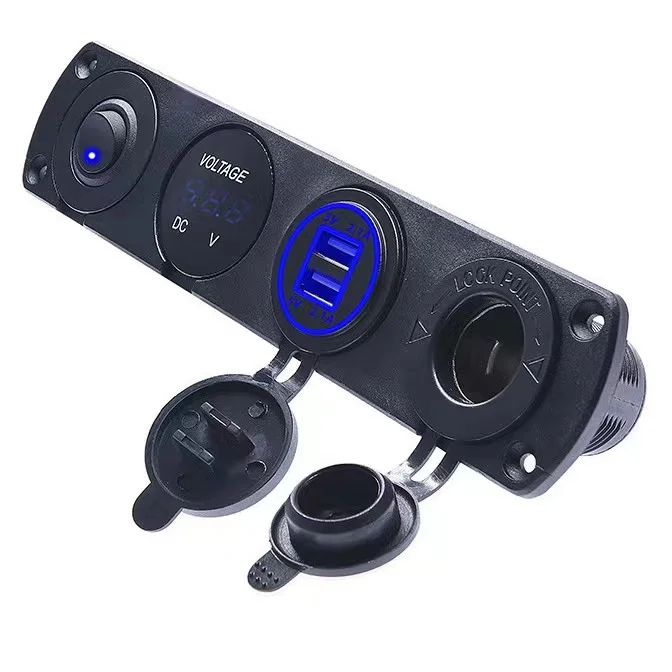 Manufacturers direct sales high-end 12v waterproof digital voltmeter switch dual USB 4 groups charger with LED indicator light