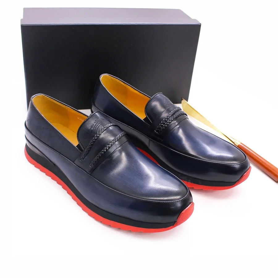 2022 Handmade Genuine Leather Italian Men Slip On Casual Dress Shoes  Laser print pattern Flat Red Sole Walking shoes