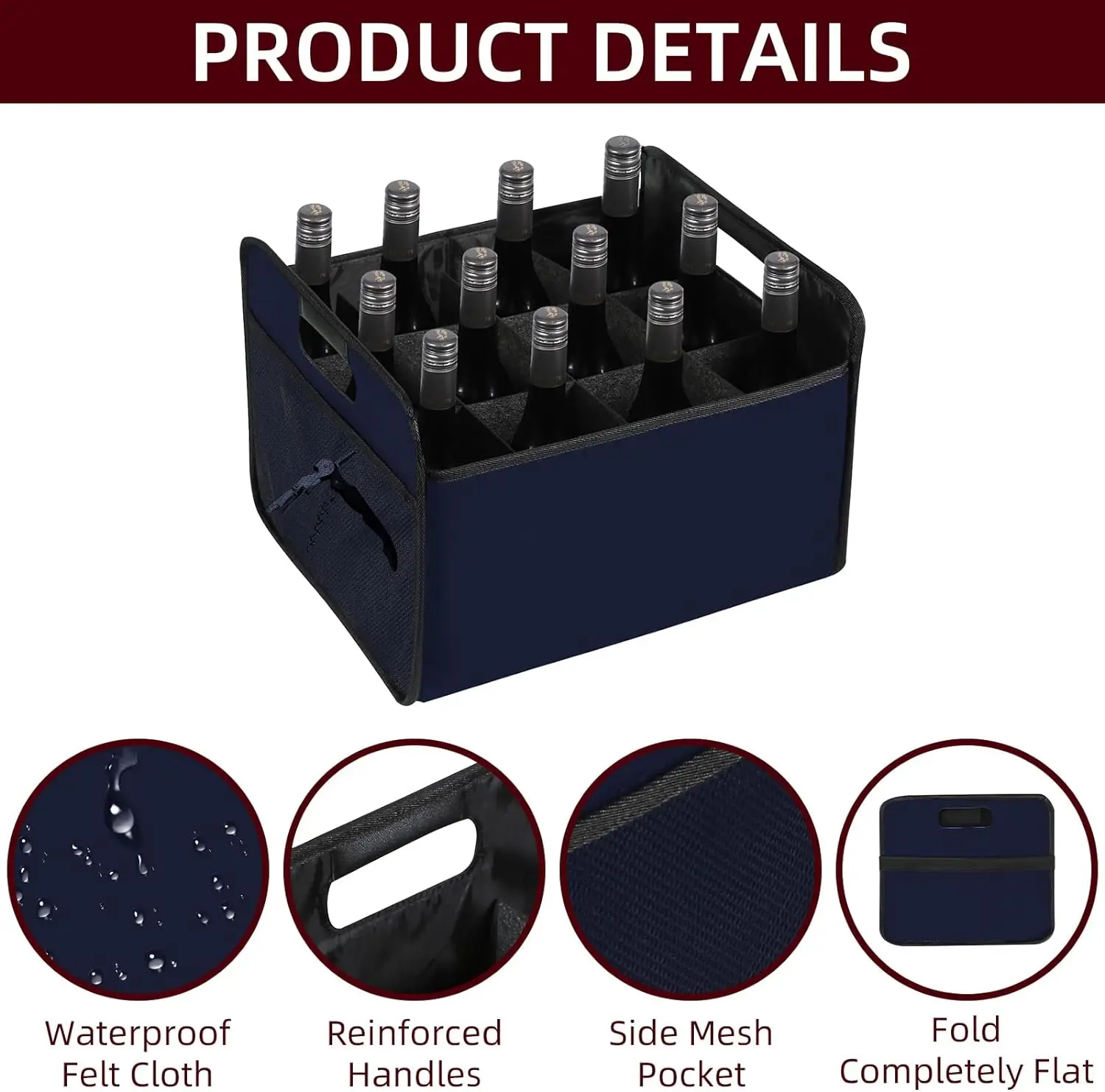 12 Bottle Wine Carrier Bag Collapsible Felt Storage Box Felt Liquor Bottle Tote with Handles for Travel Party Picnic Vacatio