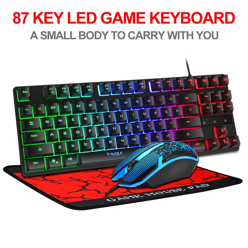Проводная клавиатура и мышь TF260 3 в 1 с RGB-подсветкой, Игровая USB-клавиатура и мышь со светодиодной подсветкой, с большим ковриком для мыши