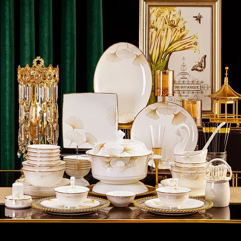 Ceramic tableware bowls plates dishes full set combination home light luxury style bone porcelain bowl tableware set