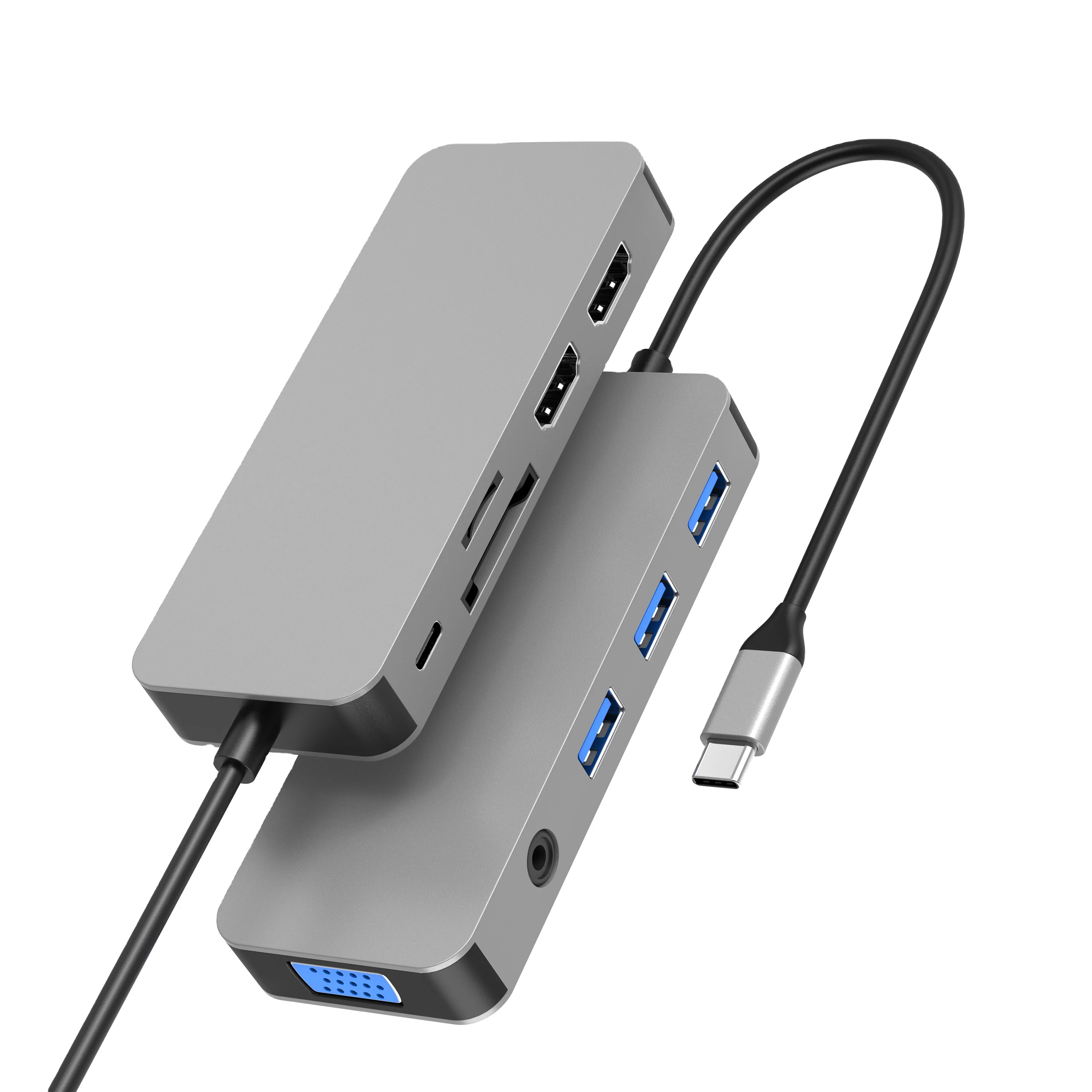 10 in 1 splitter usb c hub adapter for laptop and phone Dual 1080p HDMI VGA PD Charging 100w micro sd Multiports Hub