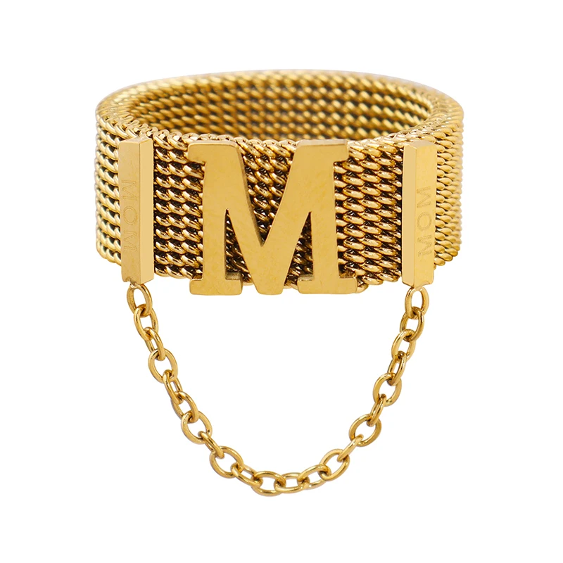Mesh Band Woven M Letter Ring Tassel Chain Ring Stainless Steel 18k Gold A172
