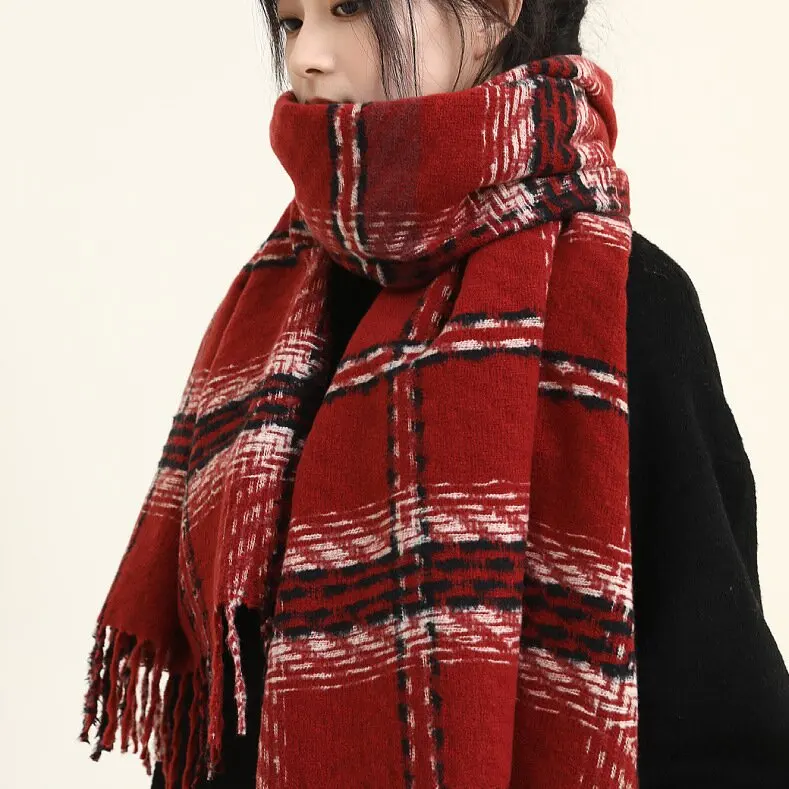 Hot Sale New Christmas Red Plaid Pattern Pashmina Scarves Unisex Wool Feel 180*70CM Scarf With Tassel Women Plaid Cashmere Scarf