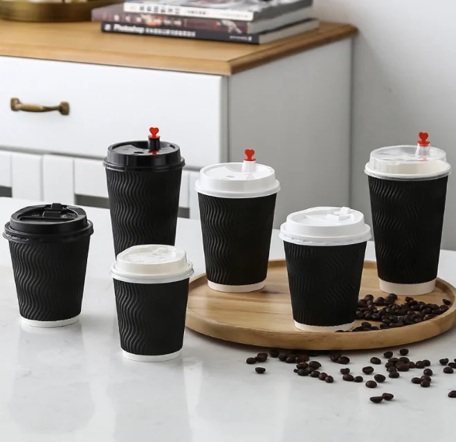 XINHAI 7oz 12oz ripple double wall eco friendly  christmas disposable coffee to go coffee paper cups printer set with lids