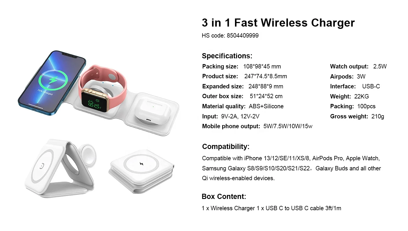 15W 3 in 1 Foldable Wireless Charger Magnetic  Wireless Charger Folding  Qi Wireless Charger Stand for Iwatch for Airpods