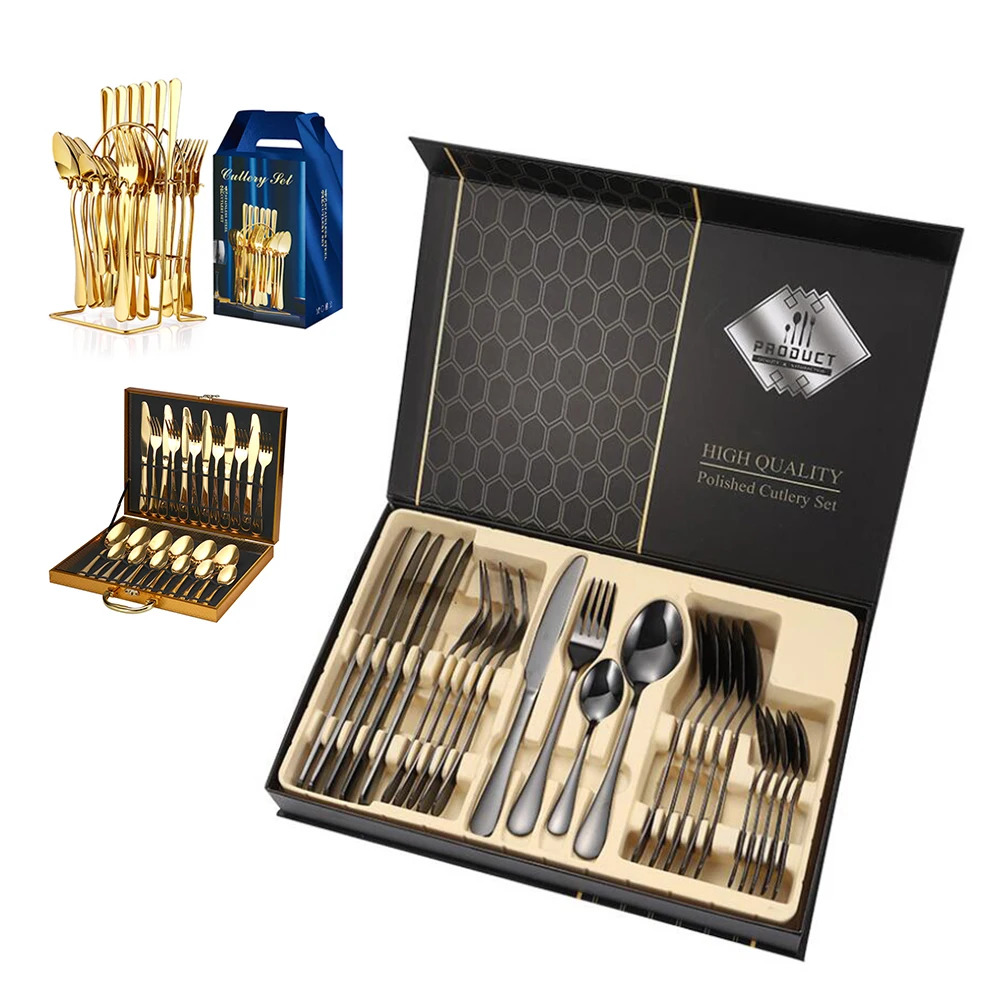 Wholesale 24pcs High Quality Stainless Steel Gold Cutlery  Silverware Dinnerware Flatware Set With Gift Box