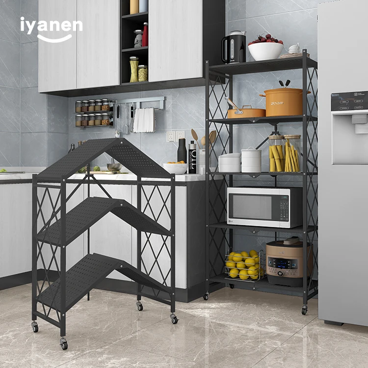 Iyanen Free Installation 5 Layer Foldable Kitchen Shelf With Wheel Mobile Floor Storage Metal Rack