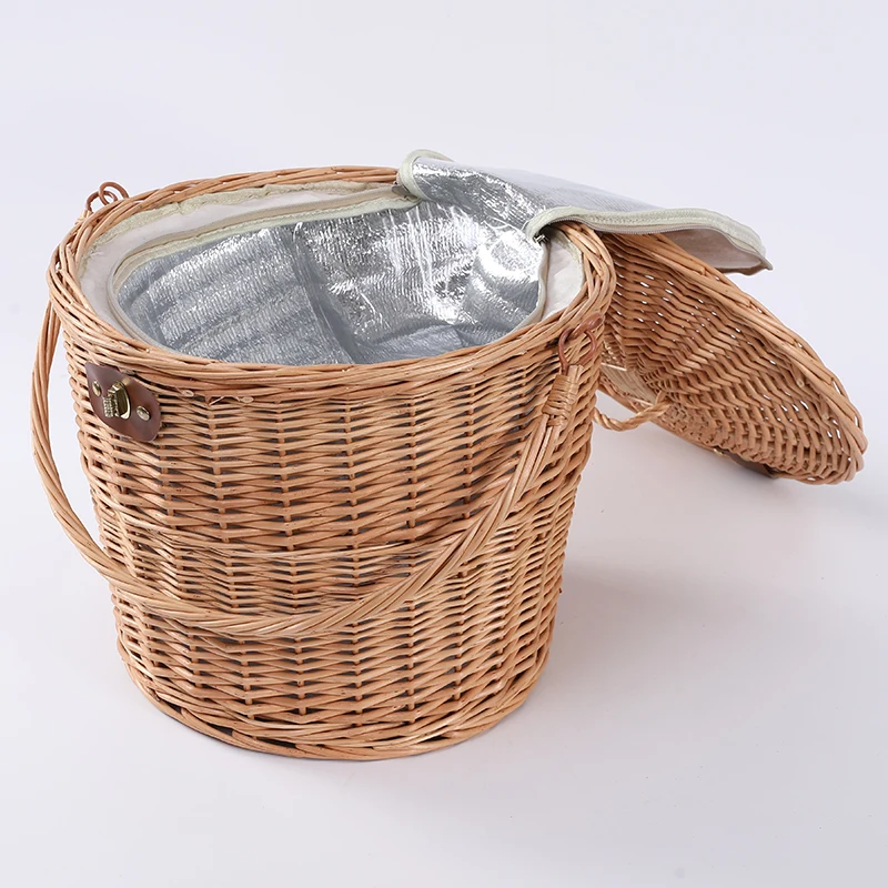 Large Round Folding Wicker Picnic Basket With Handle And Lid