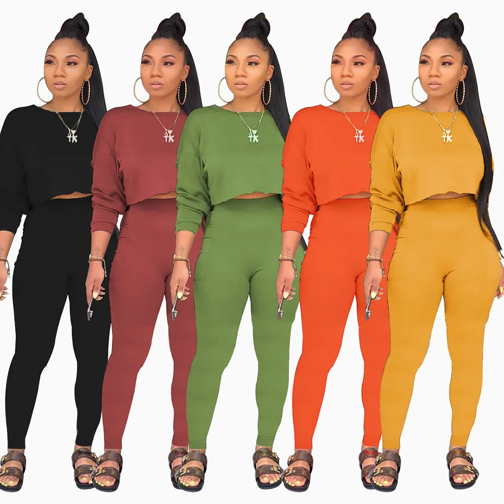 wholesale Fashion Casual round neck long sleeve hoodie pocket suit two pieces Clothing Set for women