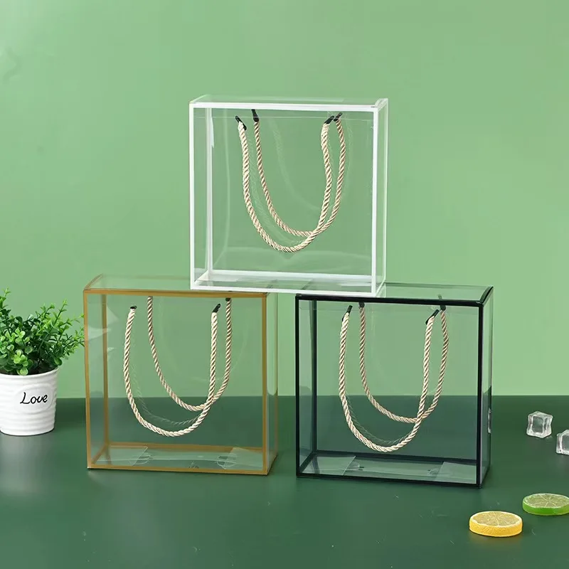 QUICK SHIPPING CLEAR  PVC PET GOLD STAMPING CANDY PACKAGING BOX WEDDING GIFT BOX WITH HANDLE