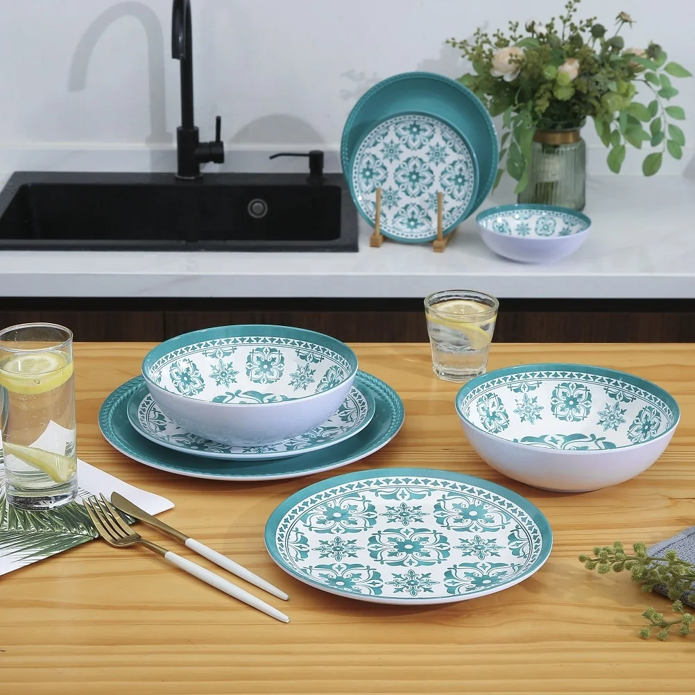 Green Flower Thailand Dinnerware Stoviglie Country Melanina Plasric Picnic Dish Bowl And Plates Melamine Retro Korean Dinner Set