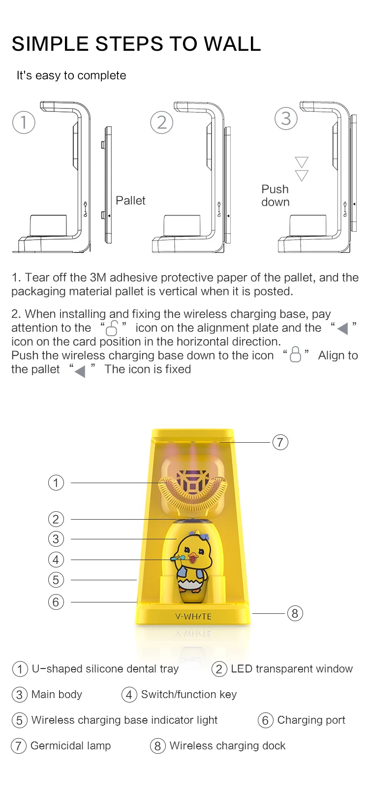 v-white cute mini yellow duck sonic two kinds of music guide mode children baby electric toothbrush U-shaped toothbrush