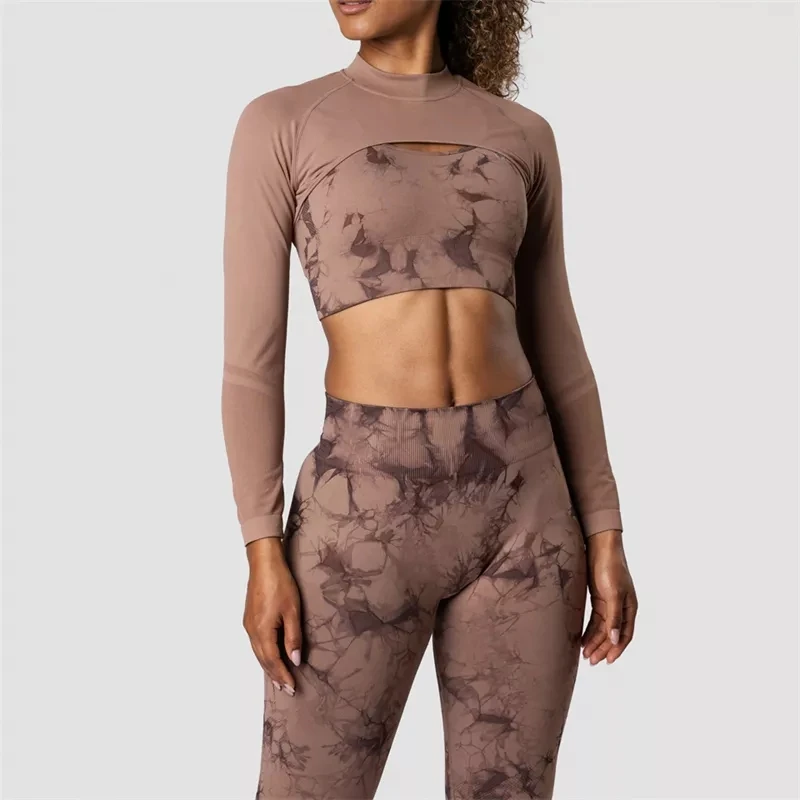 New Fall Butt Lift Brown Long Sleeve Tie Dye Women 3 Piece Sports Workout Running Yoga Legging Athletic Gym Fitness Sets