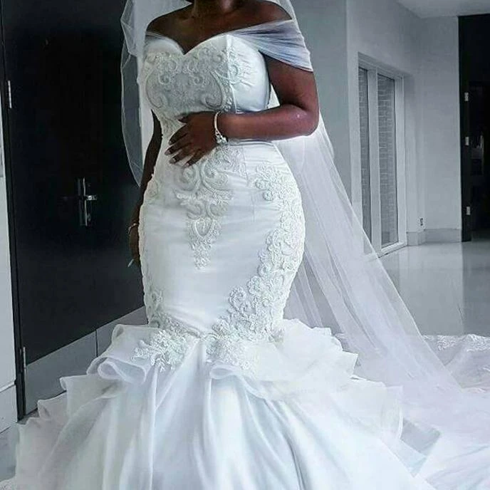 OceanluFA104  Elegant Satin Vintage Mermaid Wedding Dress with long wrap Pure White Lace Embroidery African Mermaid Wedding Gown