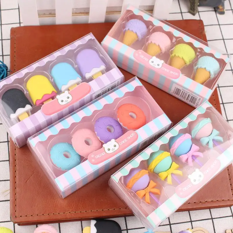 Wholesale promotional gift 3d ice cream cake fancy school gift cute kawaii eraser stationery set for kids