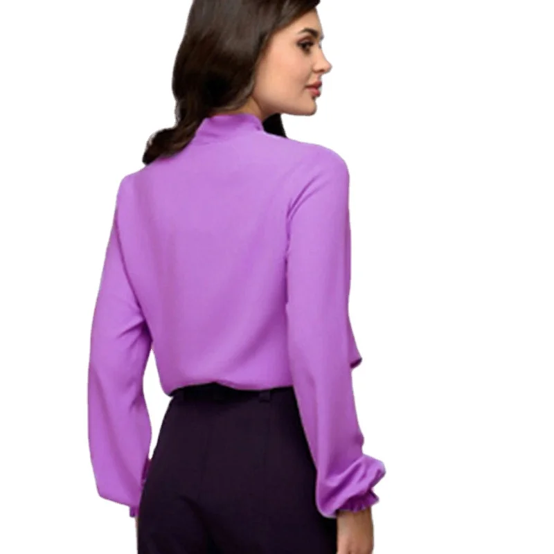 Cheap Price Purple Chiffon Blouse Womens Bow Tie Neck Shirt Spring Ladies Solid Long Sleeve