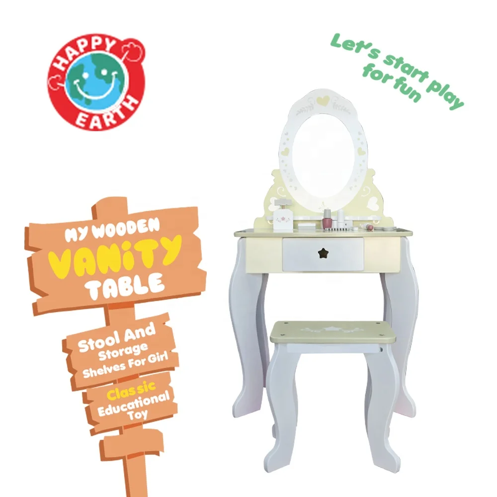 Детский деревянный туалетный столик с зеркалом и табуреткой