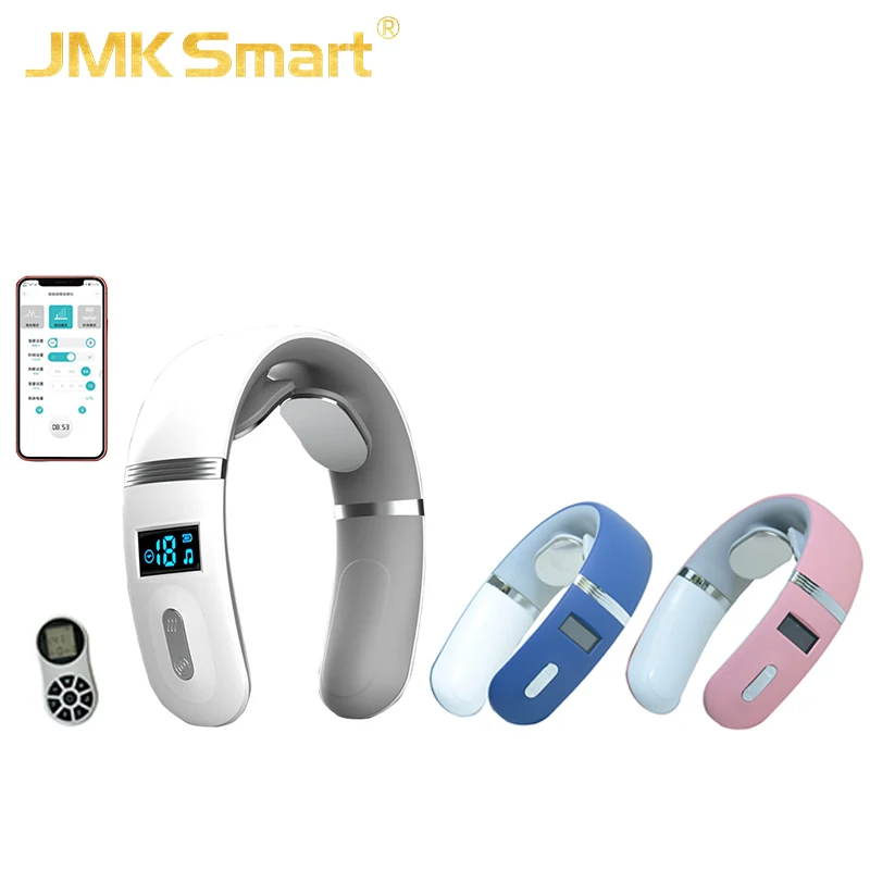 JMK New Design OEM ODM Intelligent Portable Wireless TENS Pulse Hot Compress Smart Neck Massager with Remote Control APP
