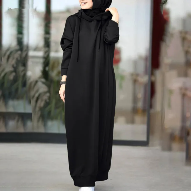 Solid Color Of Long Style Set Islamic Clothing Autumn Winter Hooded Coat For Abaya Women Muslim Dress And Lady Hoodies Coat