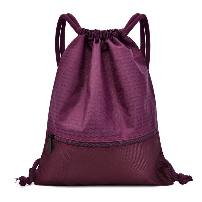 Customized Promotional Zipper Pocket Sport Nylon Polyester Drawstring Backpack Gym Bag With Logo