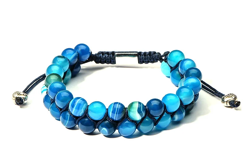 8 мм Синий Полосатый Агат двухрядный мужской браслет популярный женский тканый Регулируемый двухслойный браслет из бисера