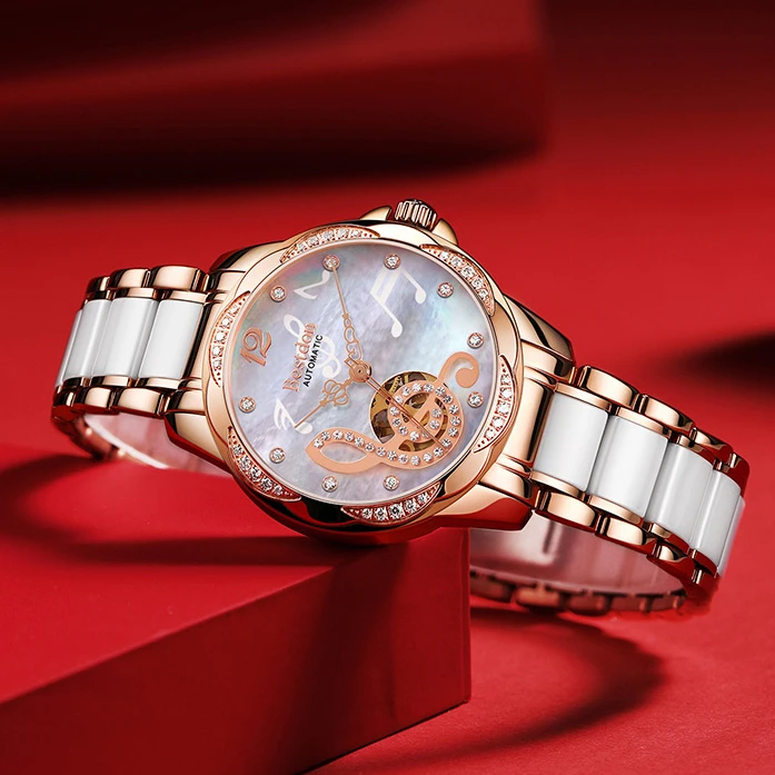 bestdon BD7183L Luxury Ladies MOP Dial Music Watch Women Genuine Leather Ceramic Band Automatic Watch
