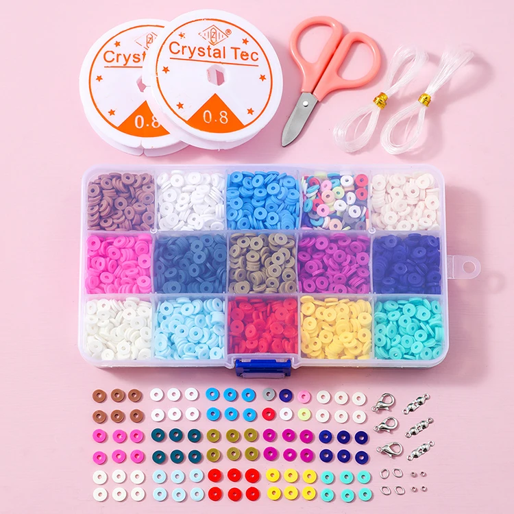 24 Grid Colorful Flat Round Polymer Clay Spacer Beads Kit with Pearl for DIY Jewelry Making Kids