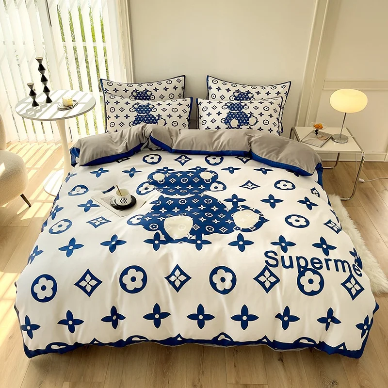 Microfiber Silk 4-In-1 Bedding Set Fashion Design-I Duvet Cover Bed Sheet Bedding Set